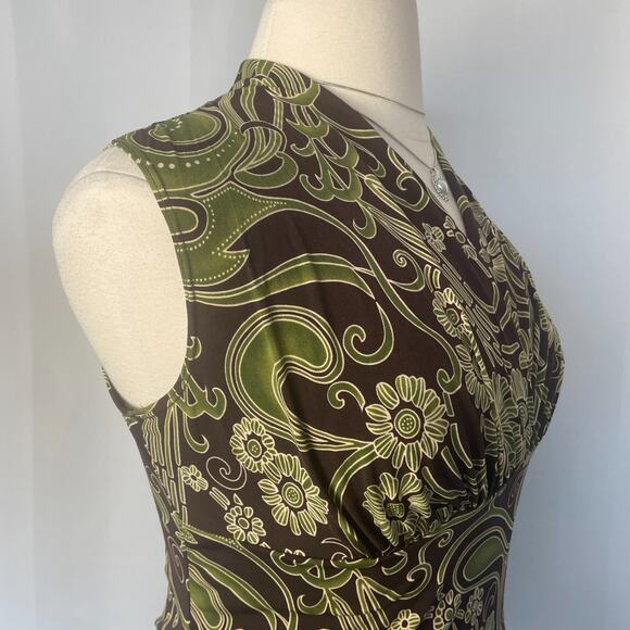 Y2K Tank Top Size Large L Brown Green Floral Empire Waist Babydoll Stretch Boho - Picture 3 of 9